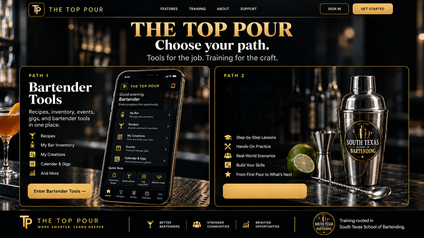 Bartending Fundamentals marketing visual with the approved South Texas School of Bartending branding
