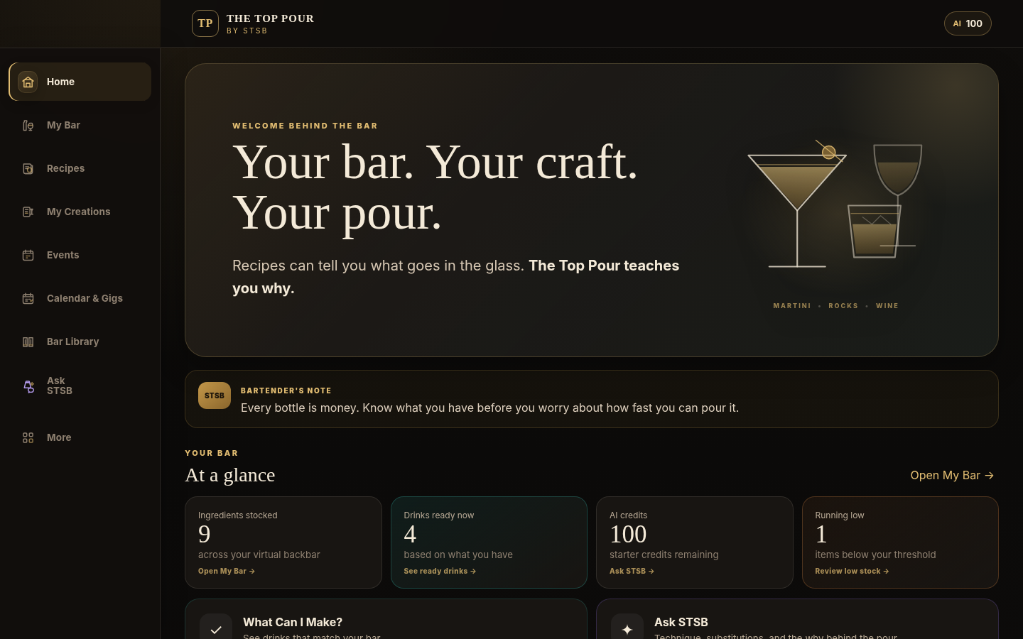 The Top Pour Bartender Tools app with its existing navigation and account tools
