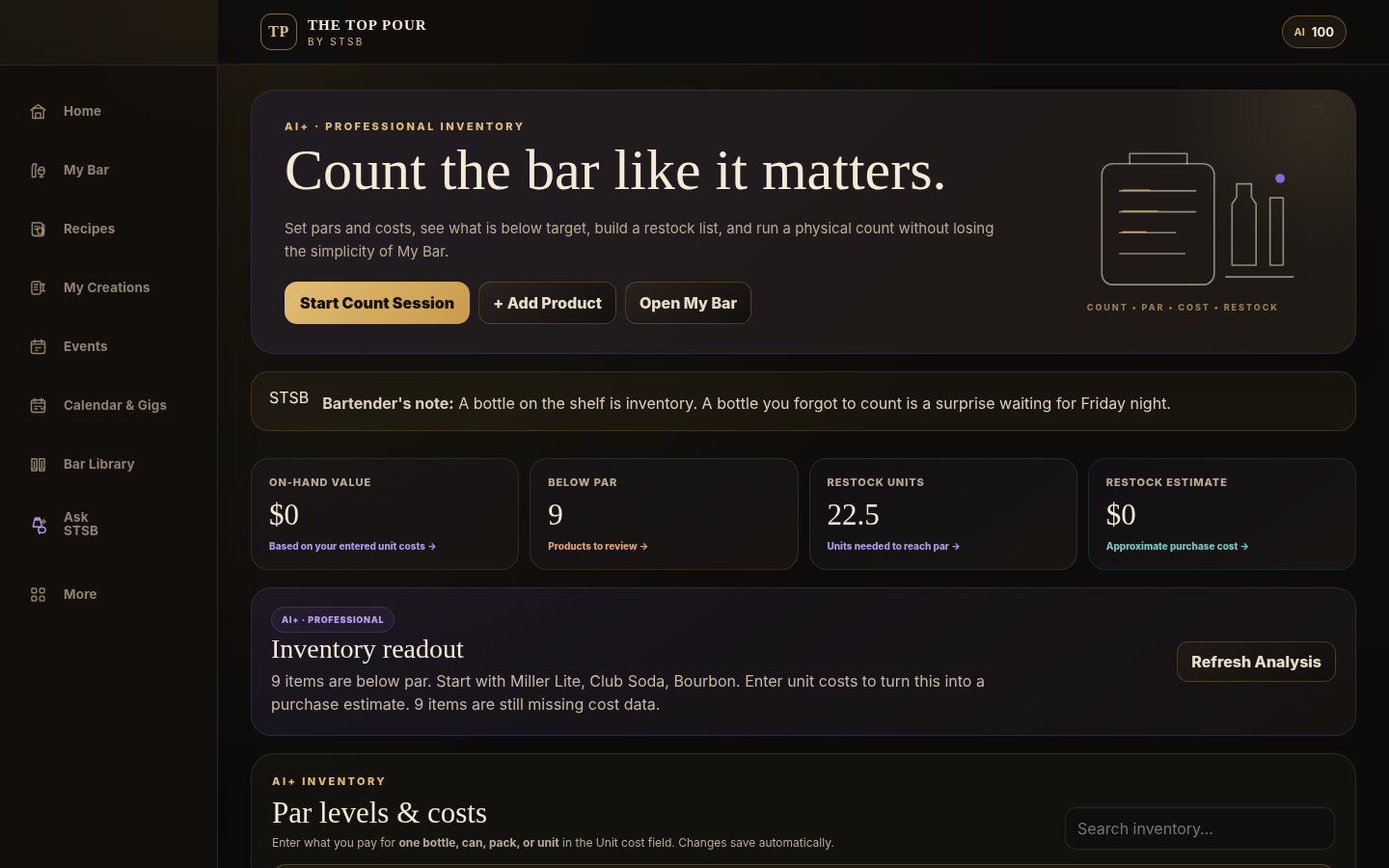 Existing AI Plus Professional Inventory interface for Bartender Tools